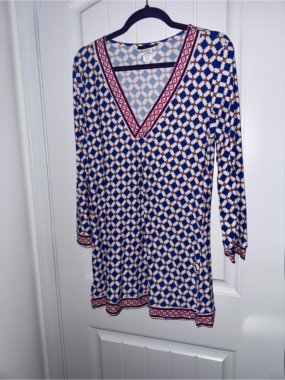 La Blanca Geometric Print V-Neck Swim Cover-Up Tunic Size Small Blue Pink